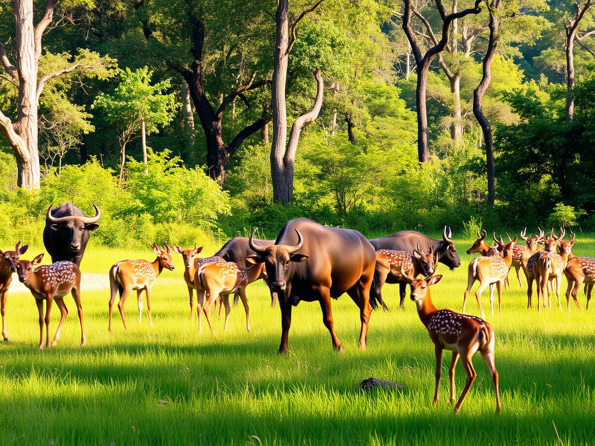 Deer and gaur grazing in a sunlit jungle meadow