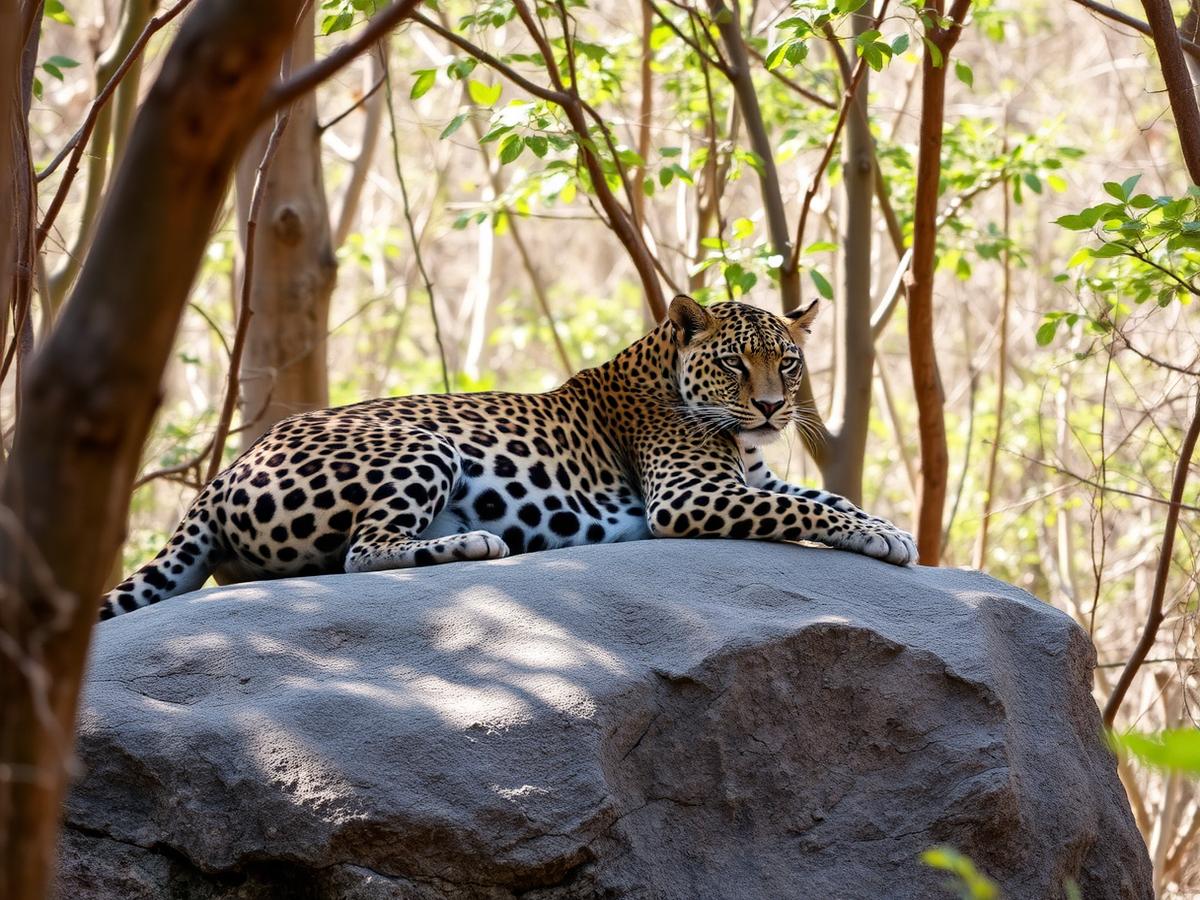 A leopard resting on a rock in a dry deciduous forest